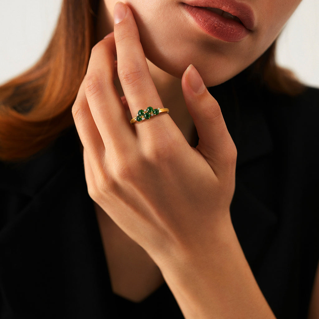 5 Stone Round Cut Jade Gemstone Diamond Rose Gold Ring